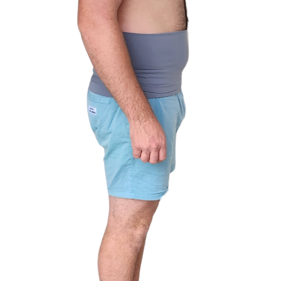 Male wearing a stealth belt type ostomy belt in pewter