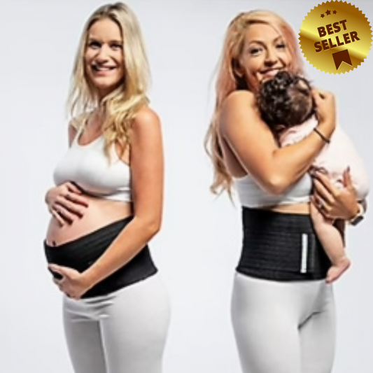 Pregnant woman wearing black belly band and woman with baby wearing black belly band