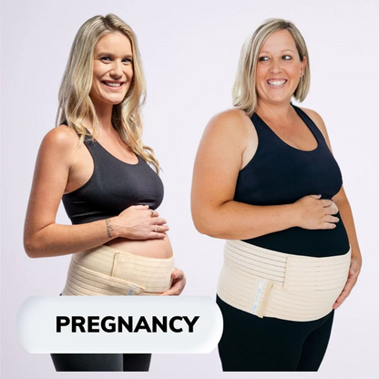 Two pregnant women wearing 3-in-1 belly band