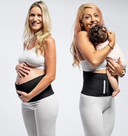 Two women, one holding baby, both wearing belly bands