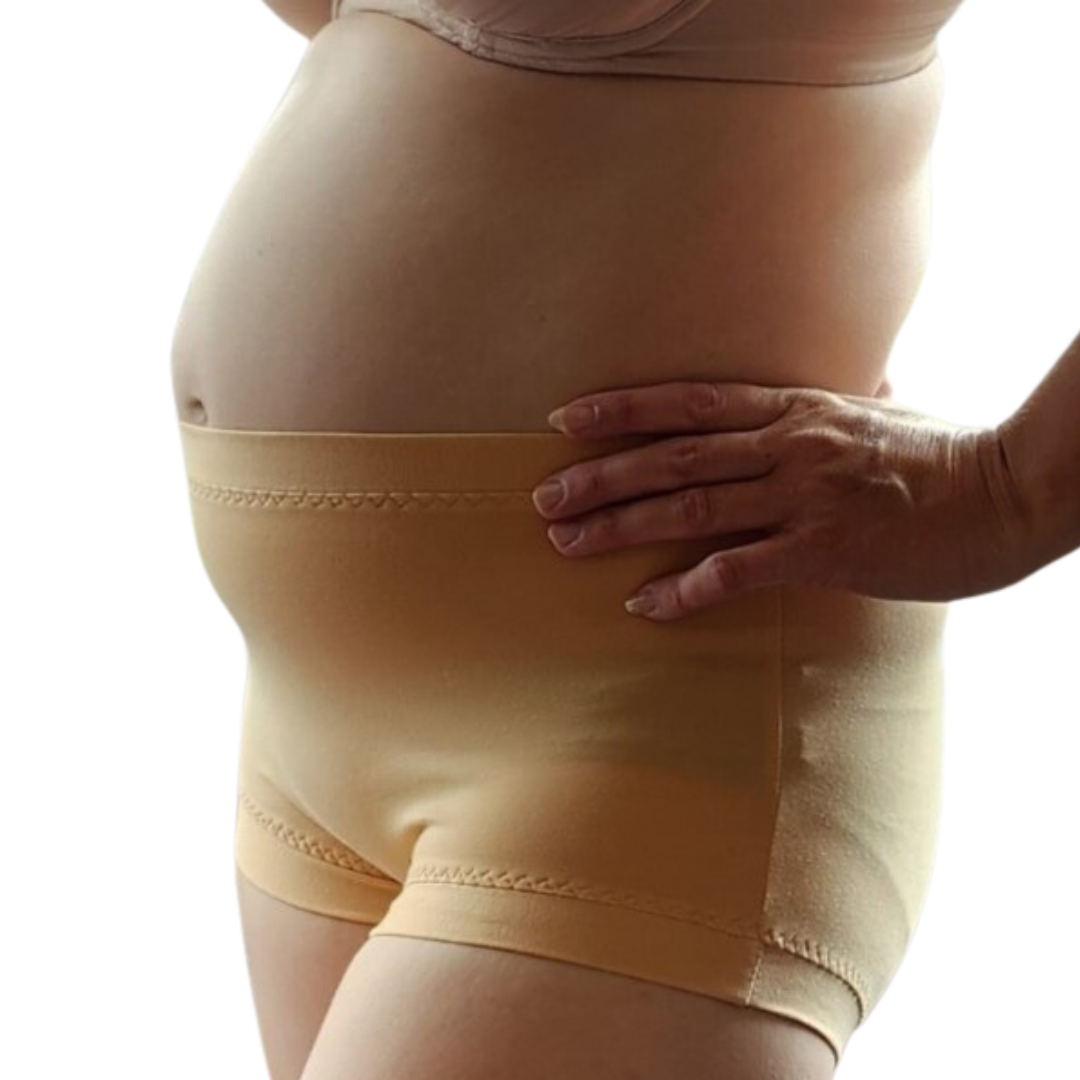 Woman wearing latte coloured boy leg underwear